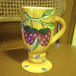 Vtg Painted Ceramic Mug w/ Stem & Handle.  Strawberry Design, Bella Casa, Ganz